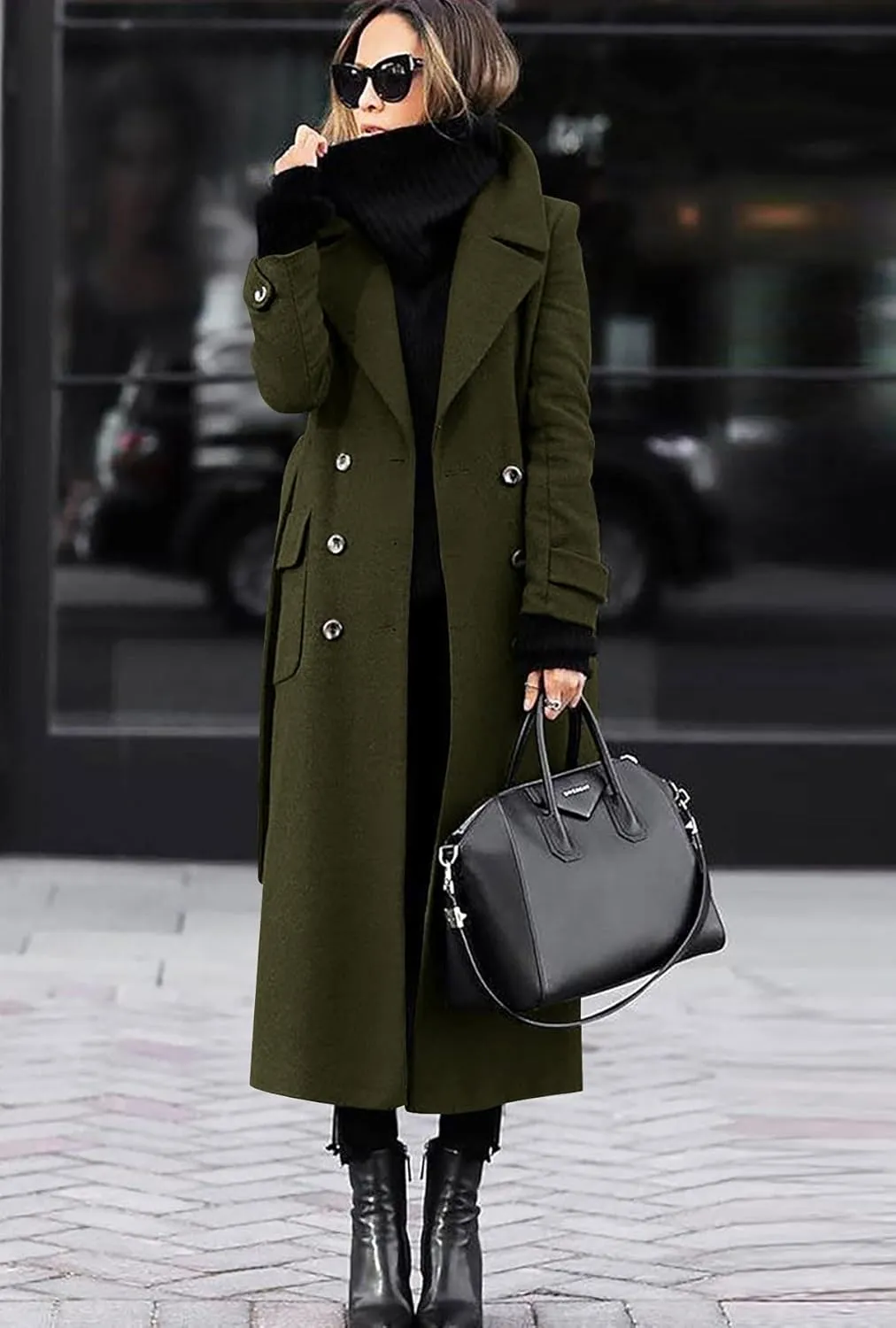 Women's Winter Double Breasted Wool Coat Business Casual Long Sleeve Midi Long Trench Coat with Belt