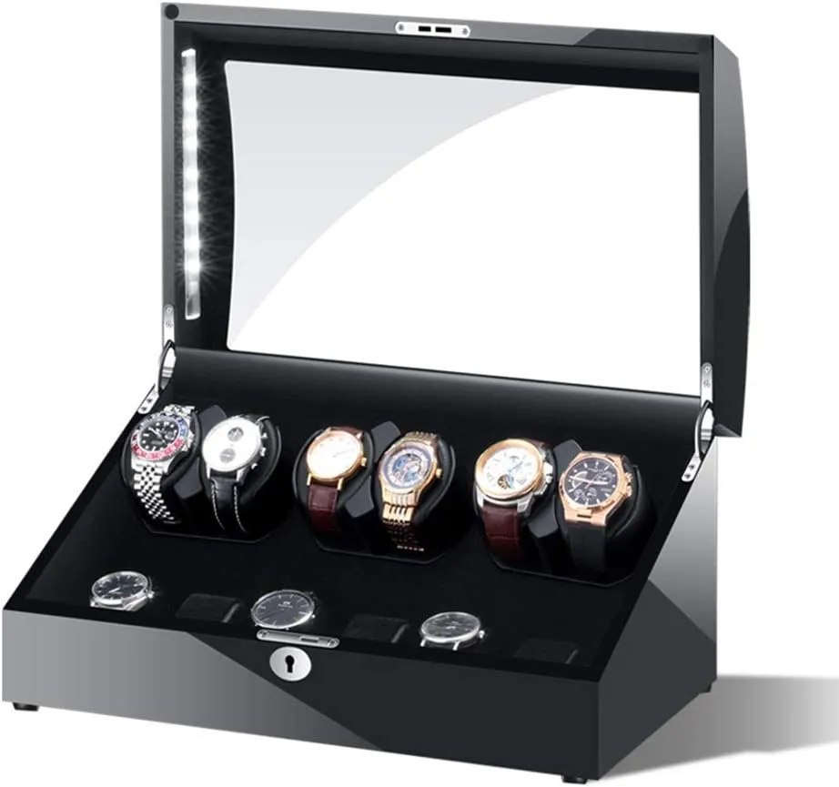 Wooden Automatic Watch Winder 6   6 Watches Storage Box Watch Winder 5 Rotation Modes with LED LigLeather Cushion The New