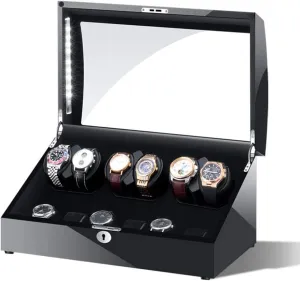 Wooden Automatic Watch Winder 6   6 Watches Storage Box Watch Winder 5 Rotation Modes with LED LigLeather Cushion The New