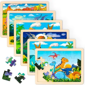 Wooden Dinosaur Puzzles for Kids Ages 3-5 with Gift Case, 6 Packs Toddler Jigsaw Puzzles, 24 Pcs Preschool Learning Educational Brain Teaser Boards Toys for 3 4 5 6 Year Old Boys Girls