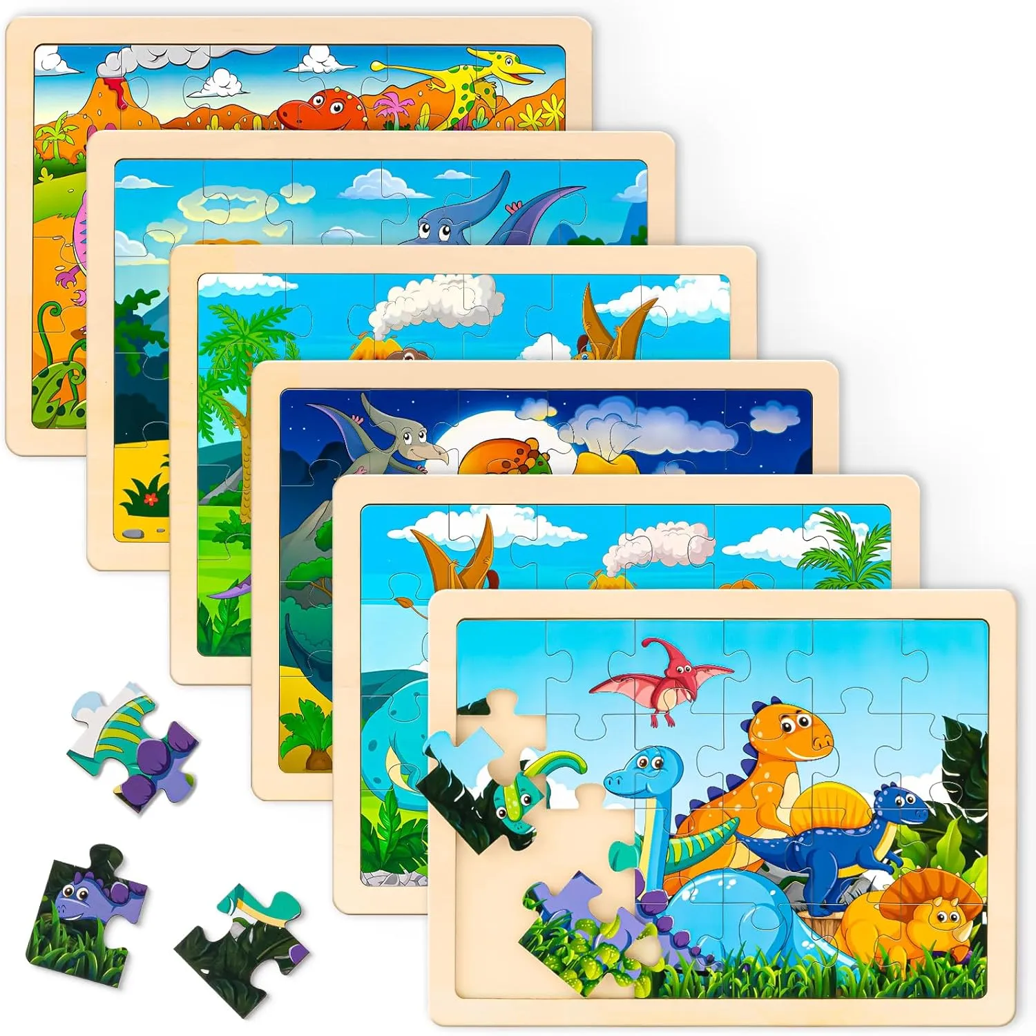 Wooden Dinosaur Puzzles for Kids Ages 3-5 with Gift Case, 6 Packs Toddler Jigsaw Puzzles, 24 Pcs Preschool Learning Educational Brain Teaser Boards Toys for 3 4 5 6 Year Old Boys Girls