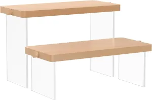 Wooden Display Riser Stand, Acrylic Display Riser Shelf,Tiered Countertop Display Shelf for Perfume, Makeup, Figure, Dolls Collection, Shoe and Handbag