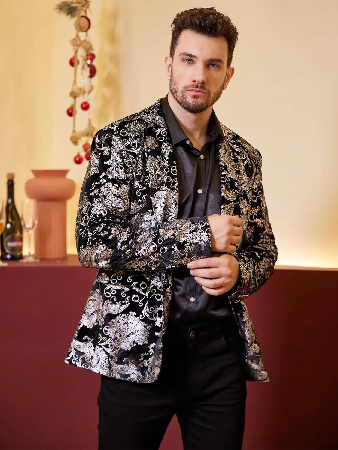 WULFUL Mens Blazer Floral Suit Jacket Slim Fit Stylish Blazer for Men Dinner Party Prom Wedding Tuxedo Jacket
