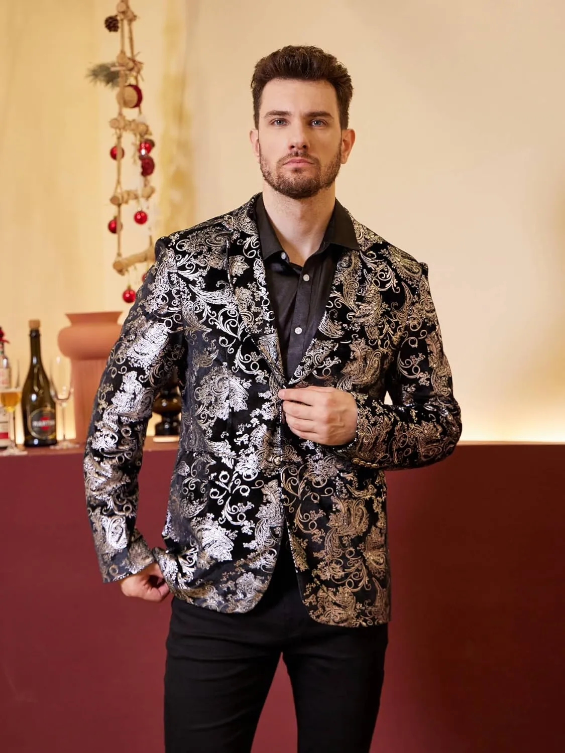 WULFUL Mens Blazer Floral Suit Jacket Slim Fit Stylish Blazer for Men Dinner Party Prom Wedding Tuxedo Jacket