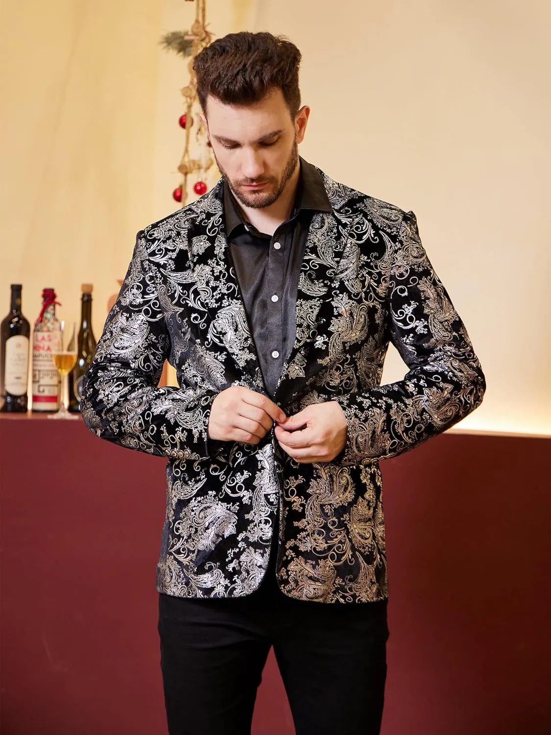 WULFUL Mens Blazer Floral Suit Jacket Slim Fit Stylish Blazer for Men Dinner Party Prom Wedding Tuxedo Jacket