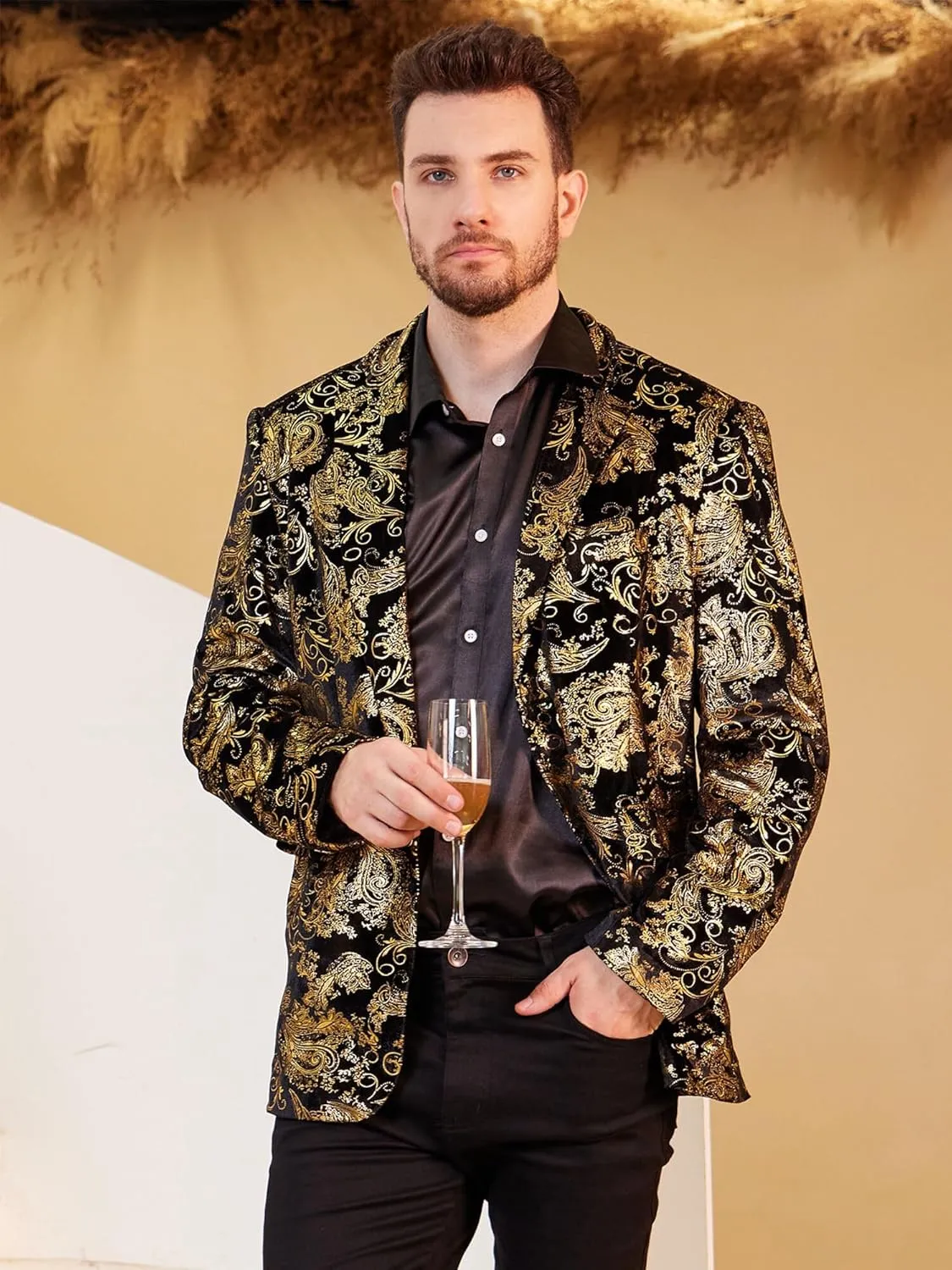 WULFUL Mens Blazer Floral Suit Jacket Slim Fit Stylish Blazer for Men Dinner Party Prom Wedding Tuxedo Jacket