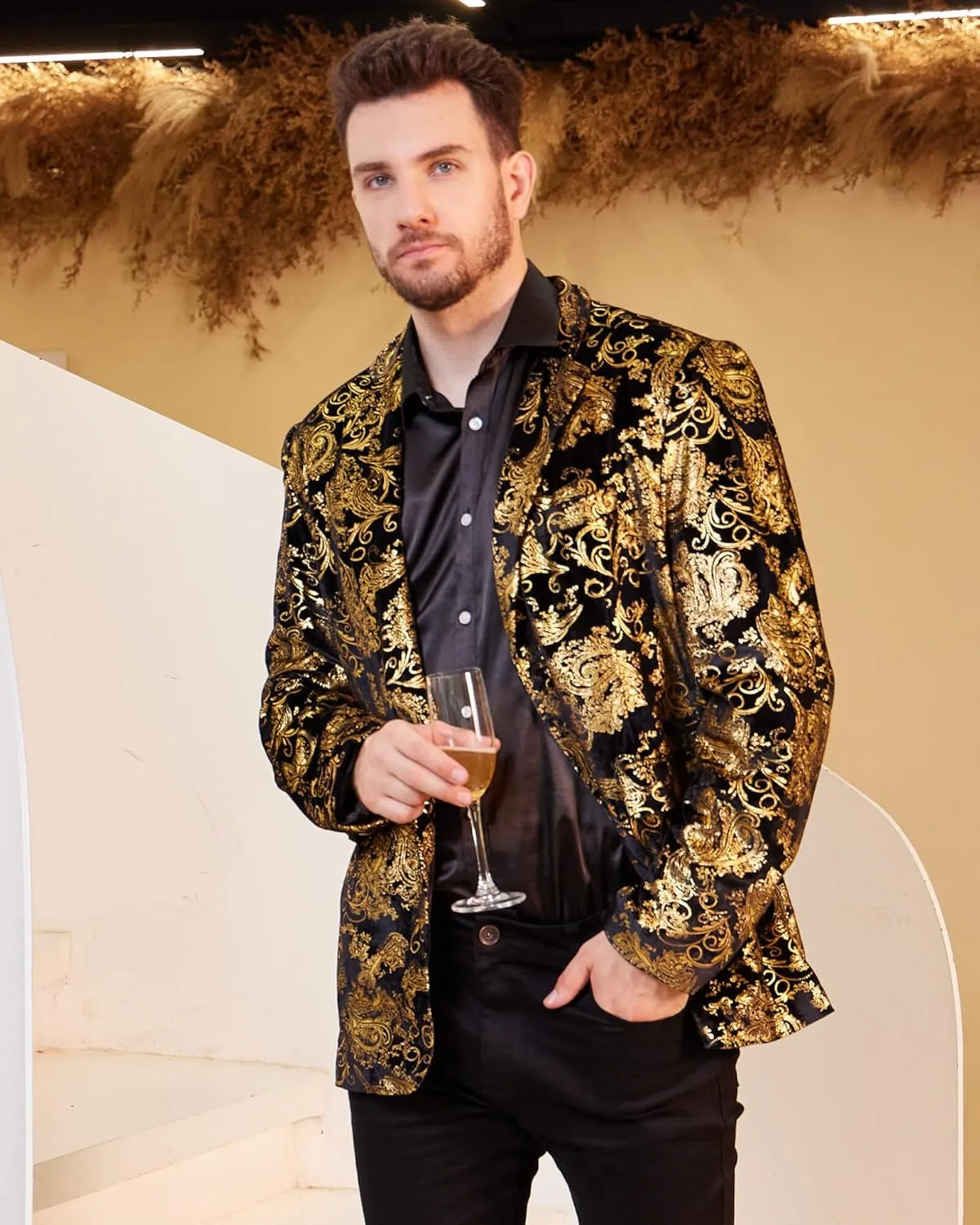 WULFUL Mens Blazer Floral Suit Jacket Slim Fit Stylish Blazer for Men Dinner Party Prom Wedding Tuxedo Jacket