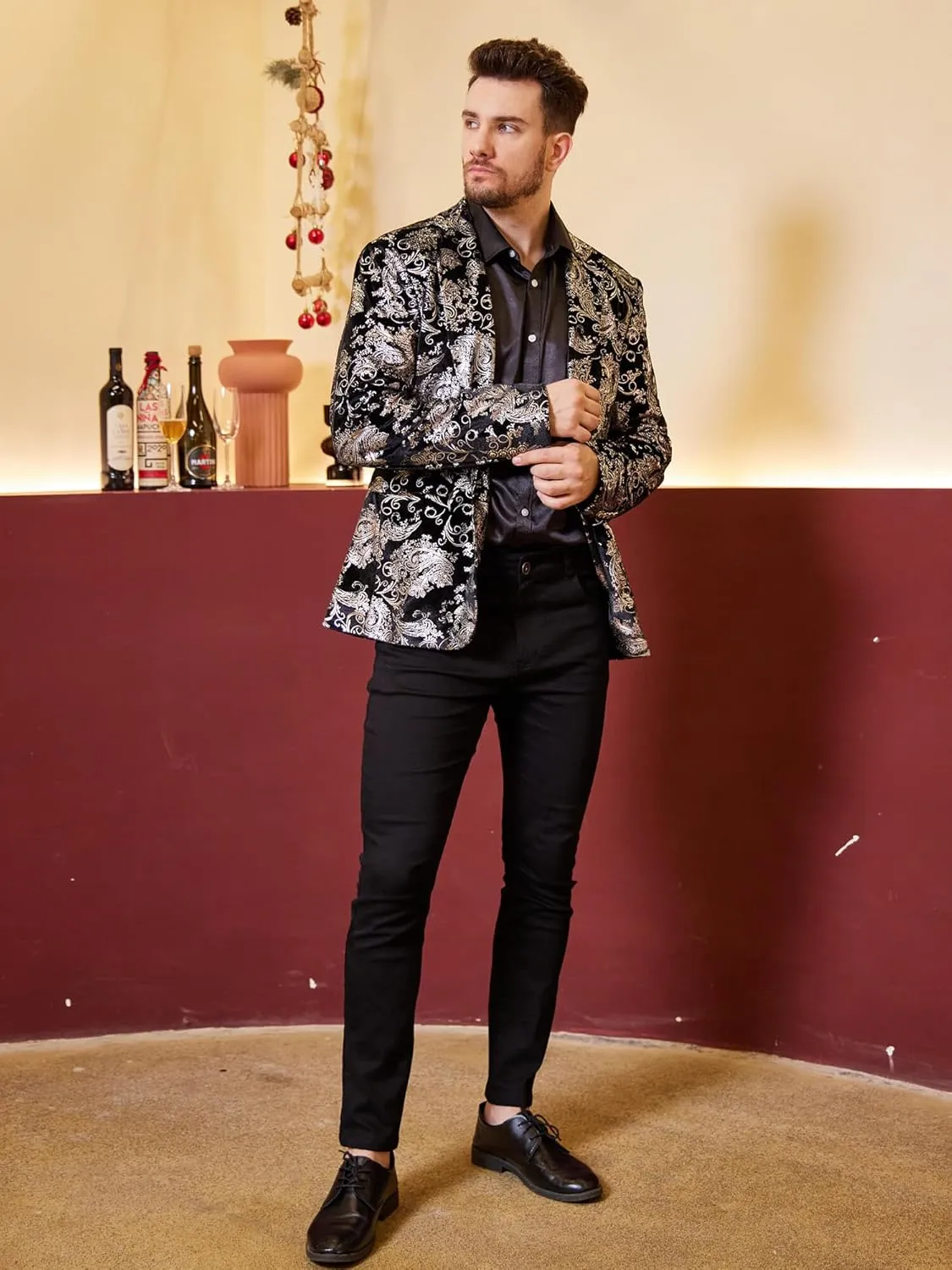 WULFUL Mens Blazer Floral Suit Jacket Slim Fit Stylish Blazer for Men Dinner Party Prom Wedding Tuxedo Jacket