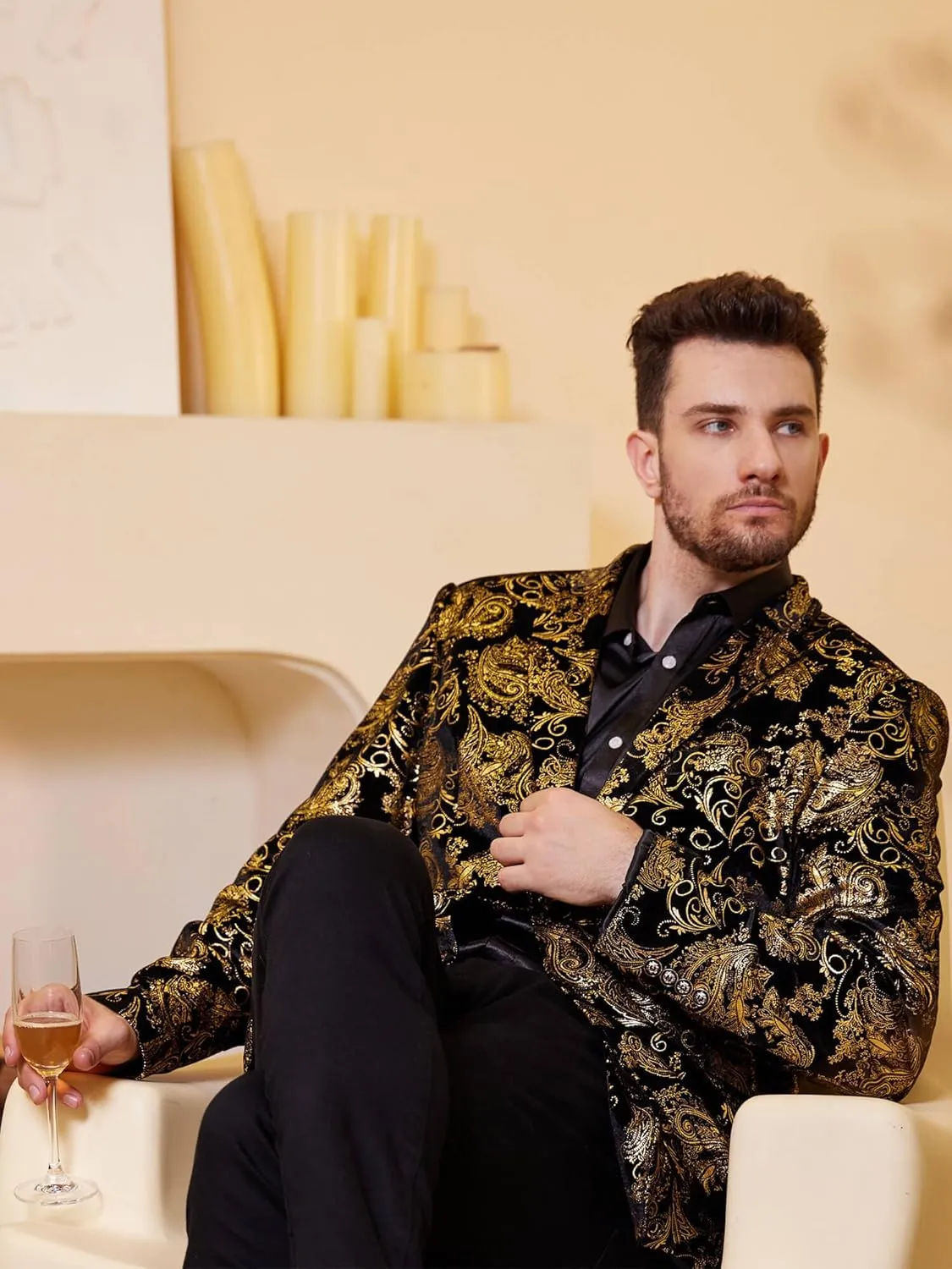 WULFUL Mens Blazer Floral Suit Jacket Slim Fit Stylish Blazer for Men Dinner Party Prom Wedding Tuxedo Jacket