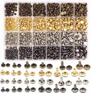 Xiufortion 600 Sets Copper Leather Rivets Double Cap Rivet Tubular for DIY Leather Craft Clothes Shoes Bags Belts Repair Decoration (4 Colors Mixed, 6 Sizes Mixed)