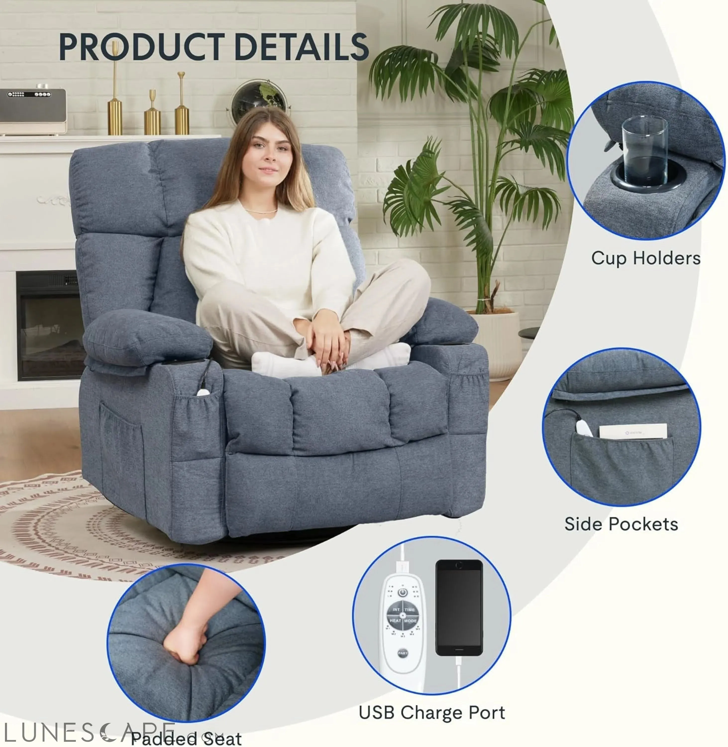 XRC3 Rocker Recliner Chair for Adults W/Massage & Heat, 360° Swivel