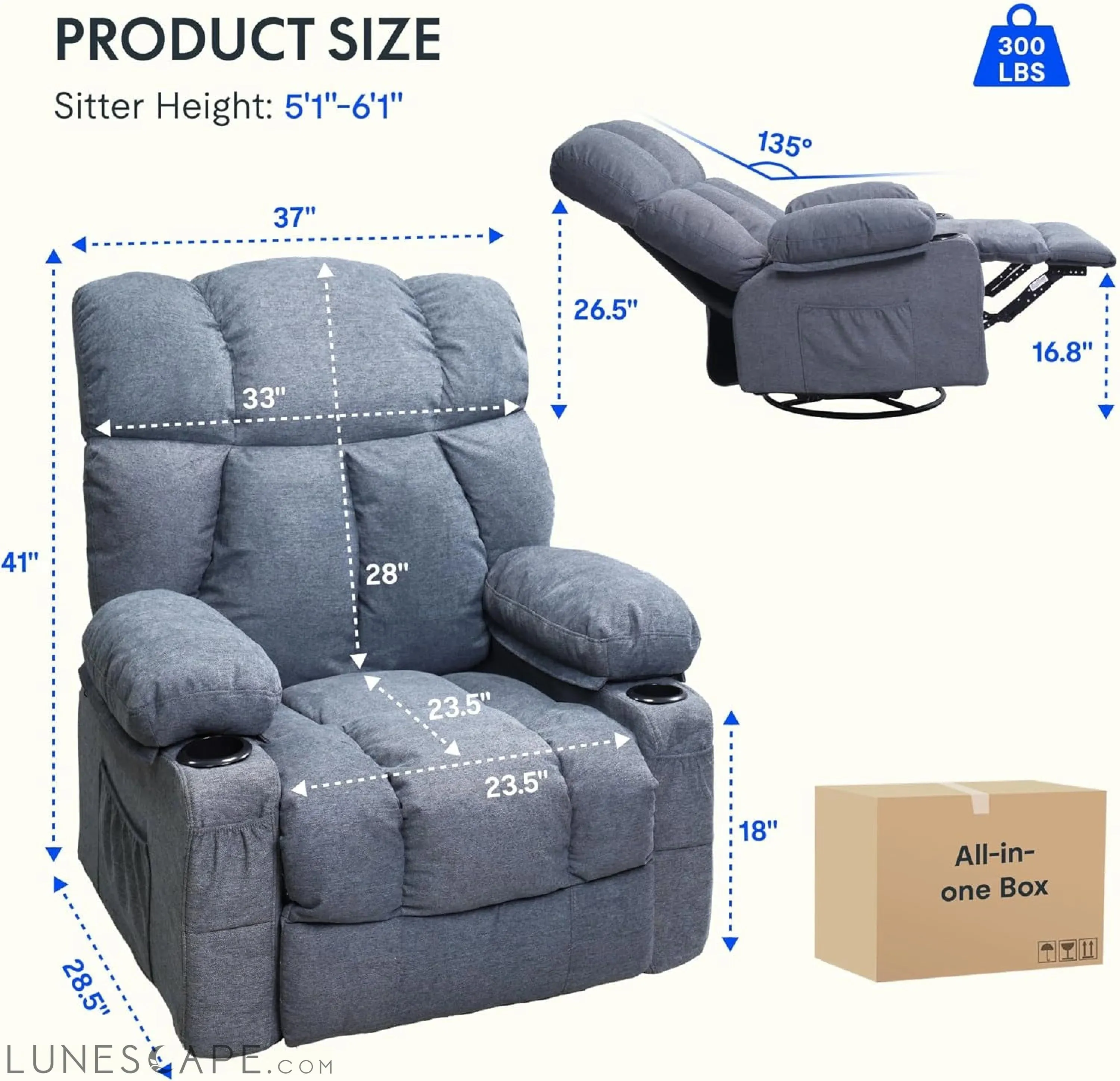 XRC3 Rocker Recliner Chair for Adults W/Massage & Heat, 360° Swivel