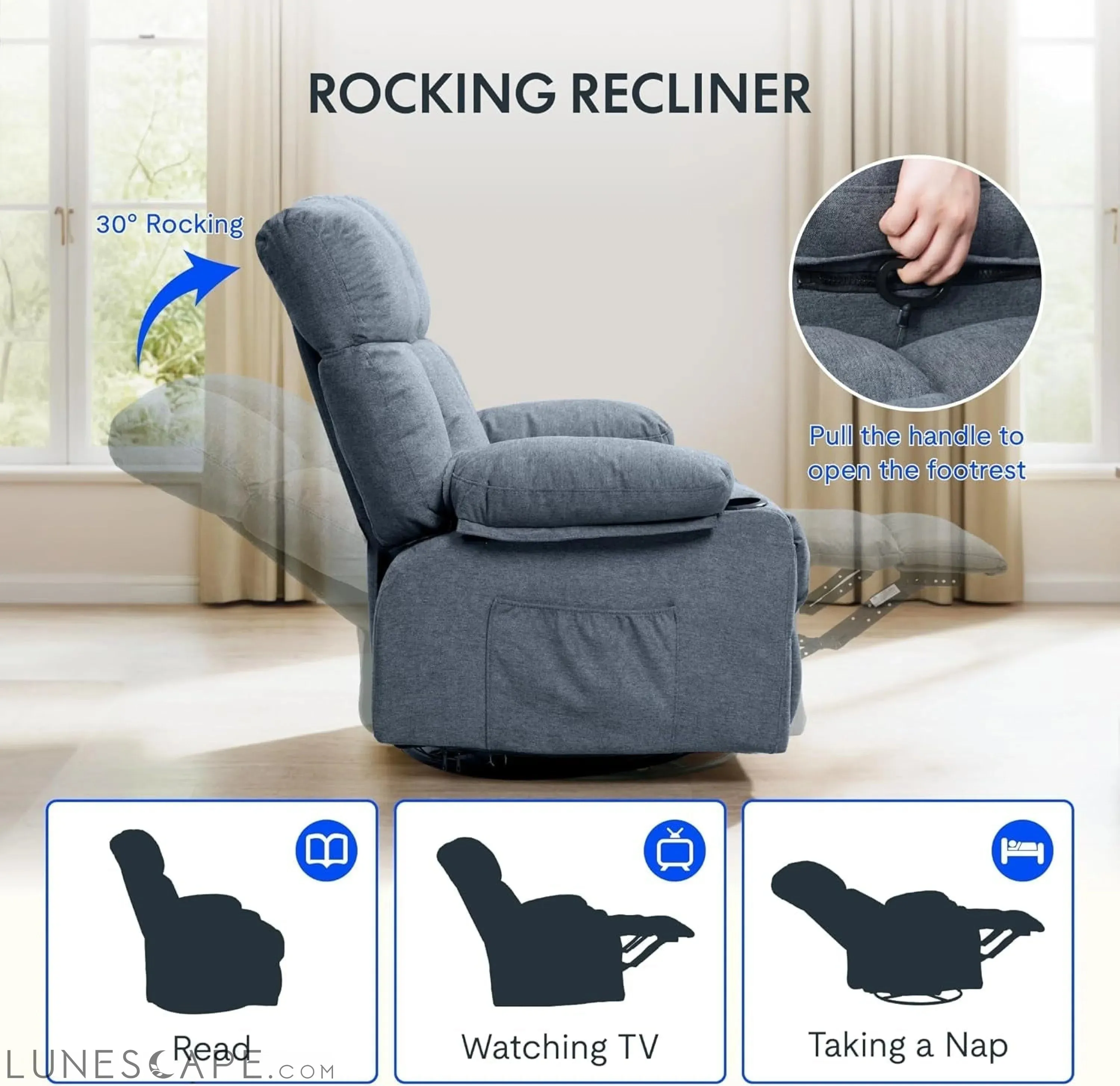 XRC3 Rocker Recliner Chair for Adults W/Massage & Heat, 360° Swivel
