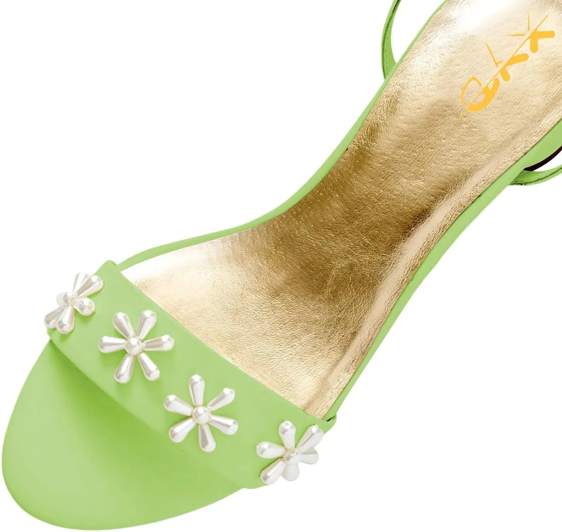XYD Women Pearl Flower Bridal Chunky Sandals Ankle Strappy Open Toe Circular Low Heels Wedding Shoes
