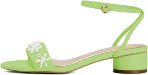XYD Women Pearl Flower Bridal Chunky Sandals Ankle Strappy Open Toe Circular Low Heels Wedding Shoes