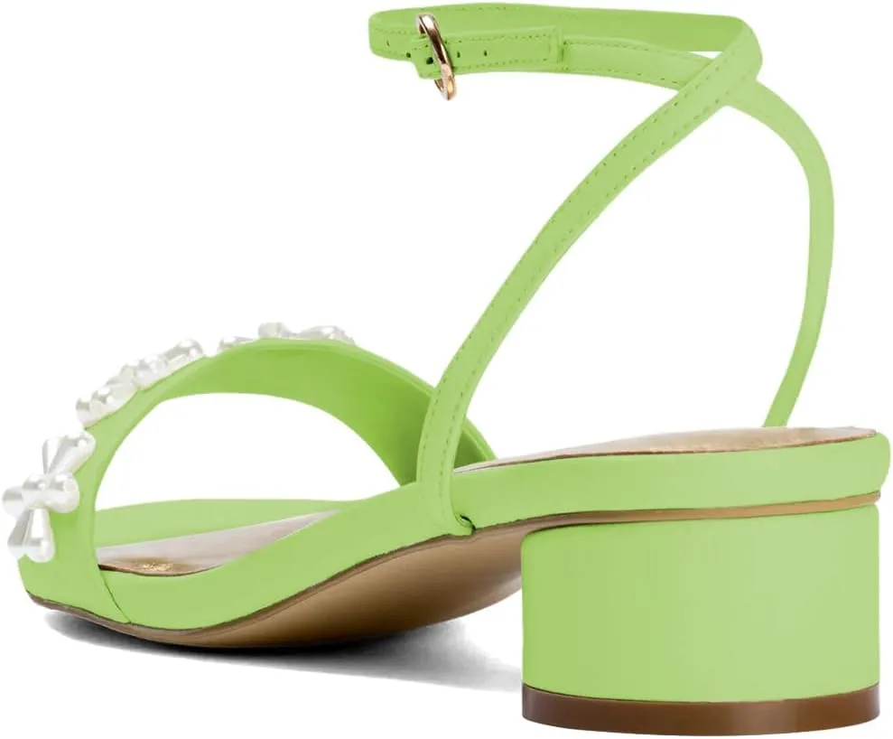 XYD Women Pearl Flower Bridal Chunky Sandals Ankle Strappy Open Toe Circular Low Heels Wedding Shoes