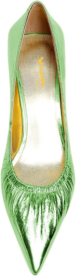 XYD Women Pleated Pointed Closed Toe Pumps Stylish Block Metal Low Heels Party Dinner Slip-on Dress Shoes