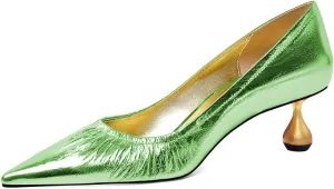 XYD Women Pleated Pointed Closed Toe Pumps Stylish Block Metal Low Heels Party Dinner Slip-on Dress Shoes
