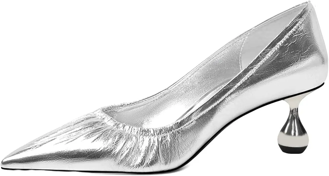 XYD Women Pleated Pointed Closed Toe Pumps Stylish Block Metal Low Heels Party Dinner Slip-on Dress Shoes