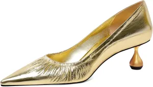 XYD Women Pleated Pointed Closed Toe Pumps Stylish Block Metal Low Heels Party Dinner Slip-on Dress Shoes