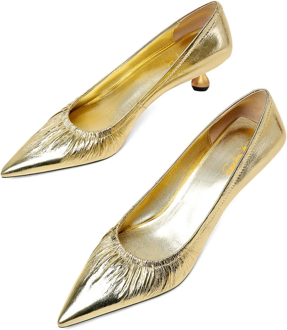 XYD Women Pleated Pointed Closed Toe Pumps Stylish Block Metal Low Heels Party Dinner Slip-on Dress Shoes