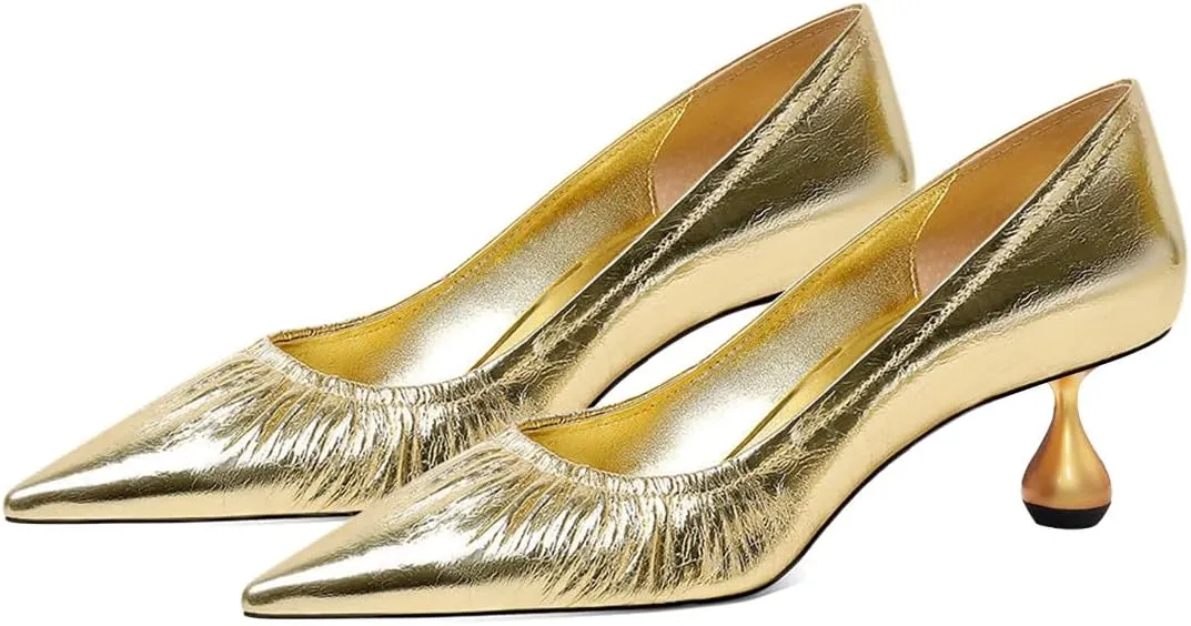 XYD Women Pleated Pointed Closed Toe Pumps Stylish Block Metal Low Heels Party Dinner Slip-on Dress Shoes