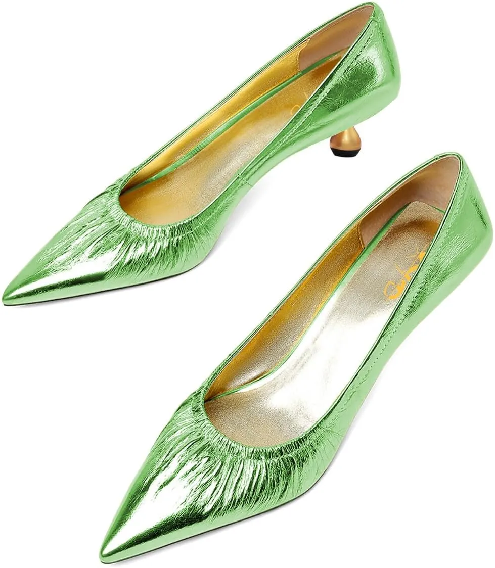 XYD Women Pleated Pointed Closed Toe Pumps Stylish Block Metal Low Heels Party Dinner Slip-on Dress Shoes