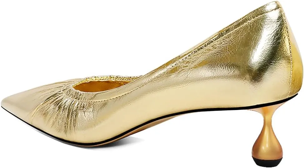 XYD Women Pleated Pointed Closed Toe Pumps Stylish Block Metal Low Heels Party Dinner Slip-on Dress Shoes