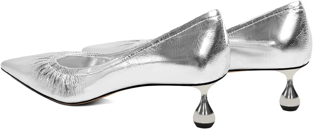 XYD Women Pleated Pointed Closed Toe Pumps Stylish Block Metal Low Heels Party Dinner Slip-on Dress Shoes