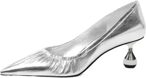 XYD Women Pleated Pointed Closed Toe Pumps Stylish Block Metal Low Heels Party Dinner Slip-on Dress Shoes