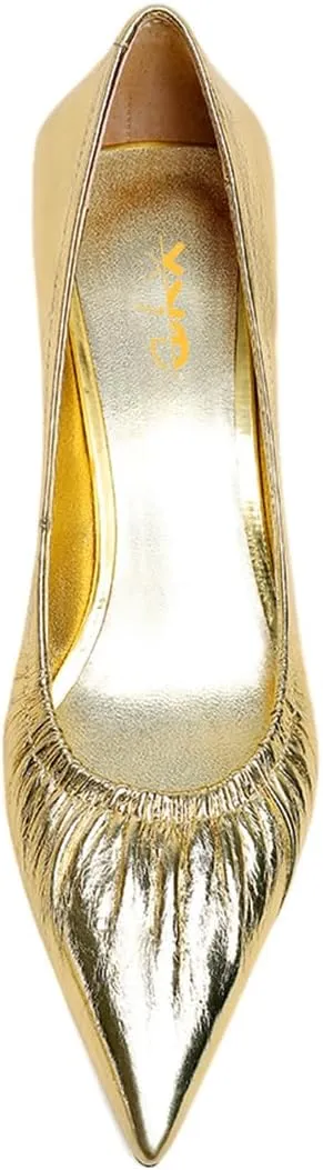 XYD Women Pleated Pointed Closed Toe Pumps Stylish Block Metal Low Heels Party Dinner Slip-on Dress Shoes