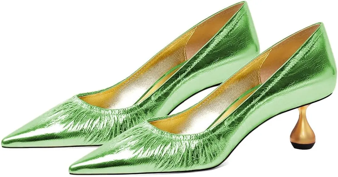 XYD Women Pleated Pointed Closed Toe Pumps Stylish Block Metal Low Heels Party Dinner Slip-on Dress Shoes