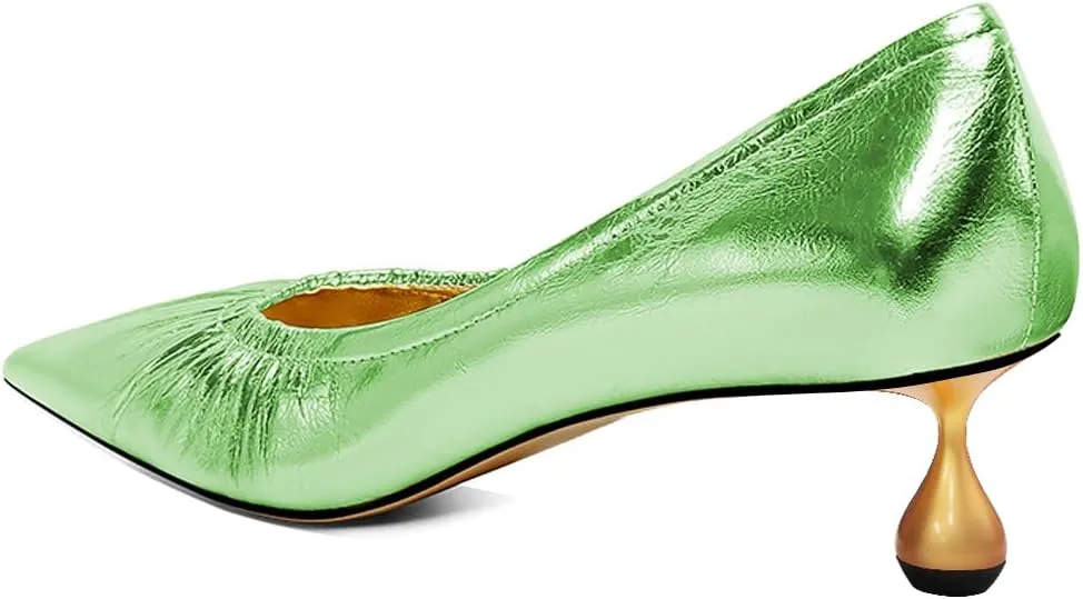 XYD Women Pleated Pointed Closed Toe Pumps Stylish Block Metal Low Heels Party Dinner Slip-on Dress Shoes
