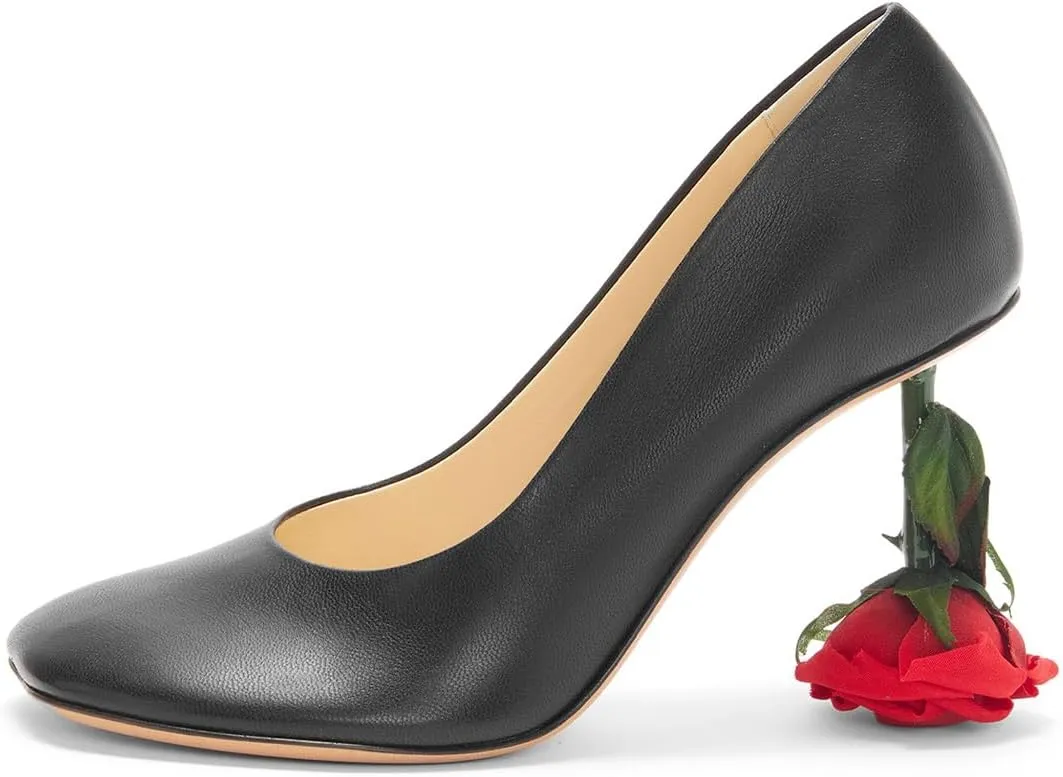 XYD Women's Romantic Rose Heel (100mm) Square Round Toe Slip On Pumps Bridal Formal Event Evening Dress Shoes