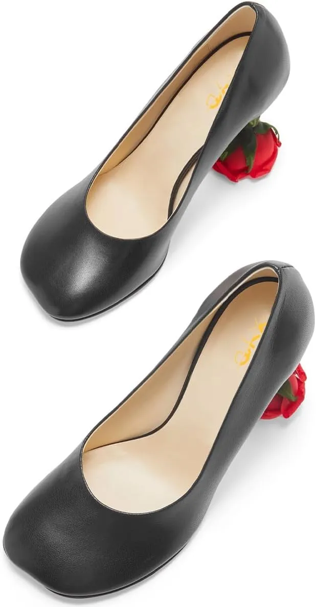 XYD Women's Romantic Rose Heel (100mm) Square Round Toe Slip On Pumps Bridal Formal Event Evening Dress Shoes