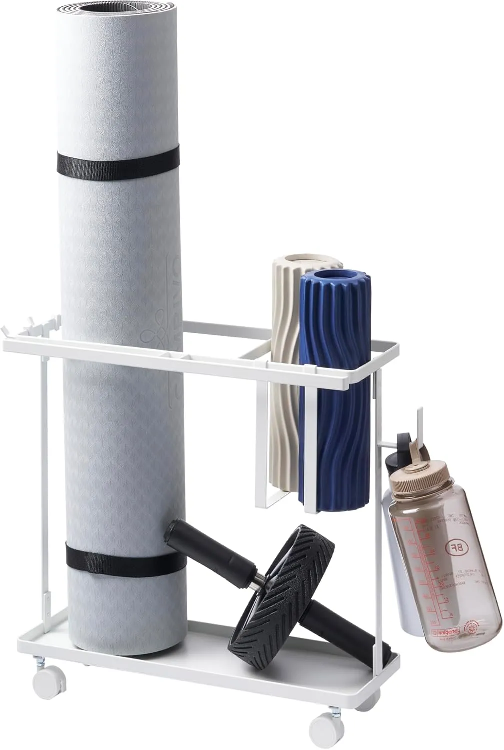 Yamazaki Home Tower Rolling Slim Fitness Rack With Adjustable Holder, Casters, Hooks For Gear Organization - Steel