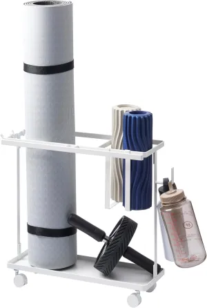Yamazaki Home Tower Rolling Slim Fitness Rack With Adjustable Holder, Casters, Hooks For Gear Organization - Steel