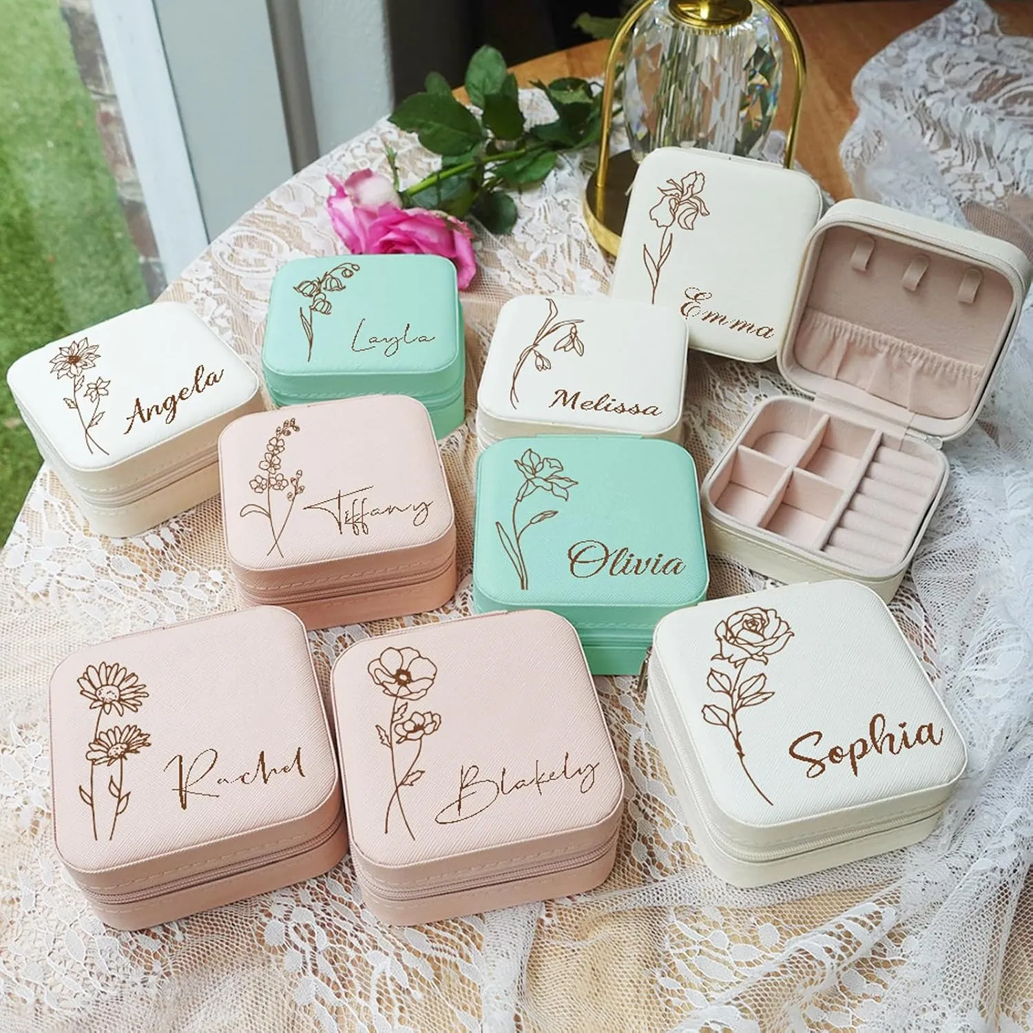 Yofair Personalized Jewelry Box with Birth Flower Bridesmaid Gifts Custom Leather Travel Jewelry Case Ring Box Birthday Christmas Gifts for Women