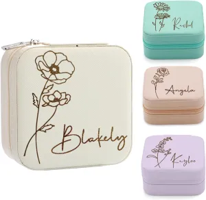 Yofair Personalized Jewelry Box with Birth Flower Bridesmaid Gifts Custom Leather Travel Jewelry Case Ring Box Birthday Christmas Gifts for Women