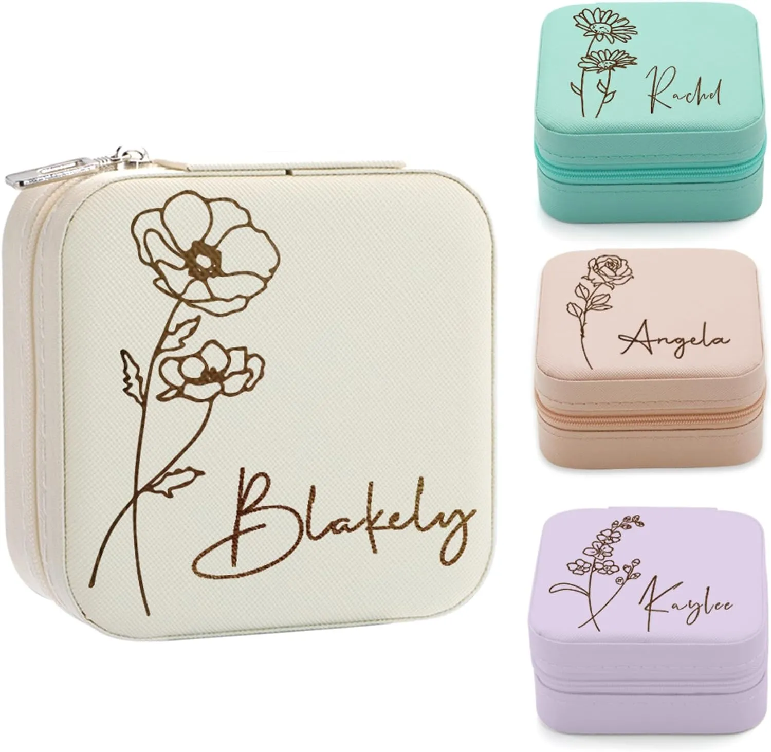 Yofair Personalized Jewelry Box with Birth Flower Bridesmaid Gifts Custom Leather Travel Jewelry Case Ring Box Birthday Christmas Gifts for Women