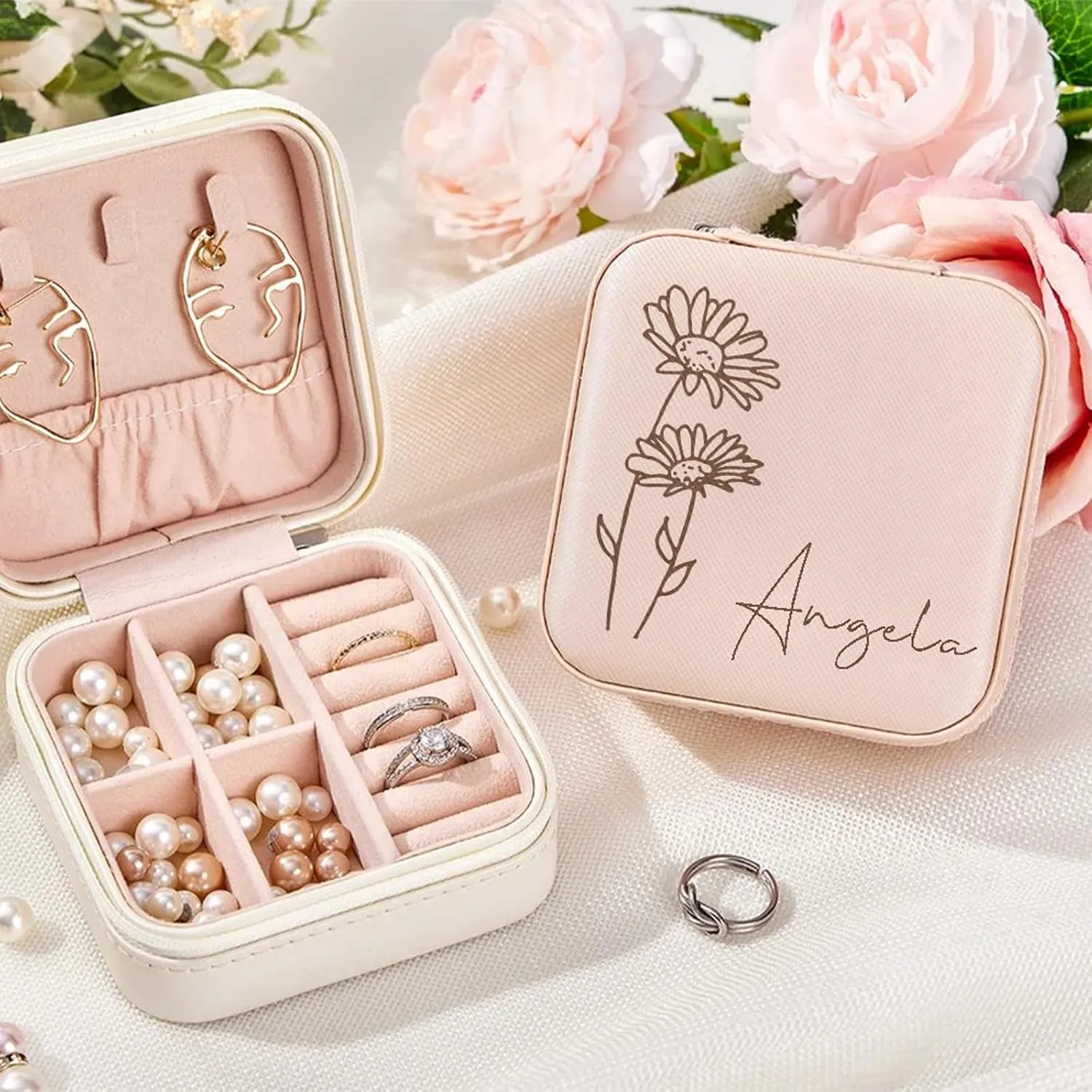 Yofair Personalized Jewelry Box with Birth Flower Bridesmaid Gifts Custom Leather Travel Jewelry Case Ring Box Birthday Christmas Gifts for Women