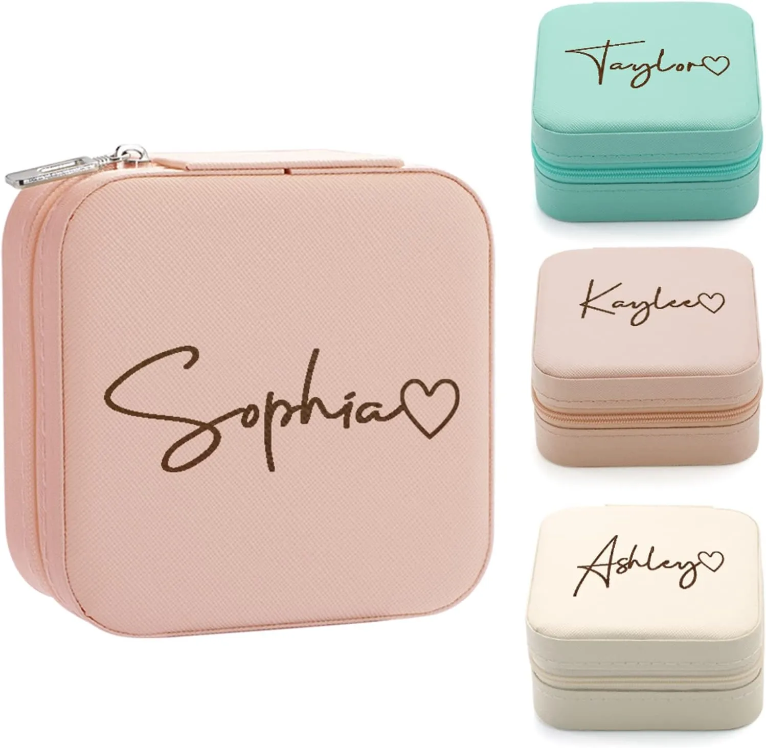 Yofair Personalized Jewelry Box with Heart Custom Leather Travel Jewelry Case Ring Box Bridesmaid Gifts Birthday Christmas Gifts for Women