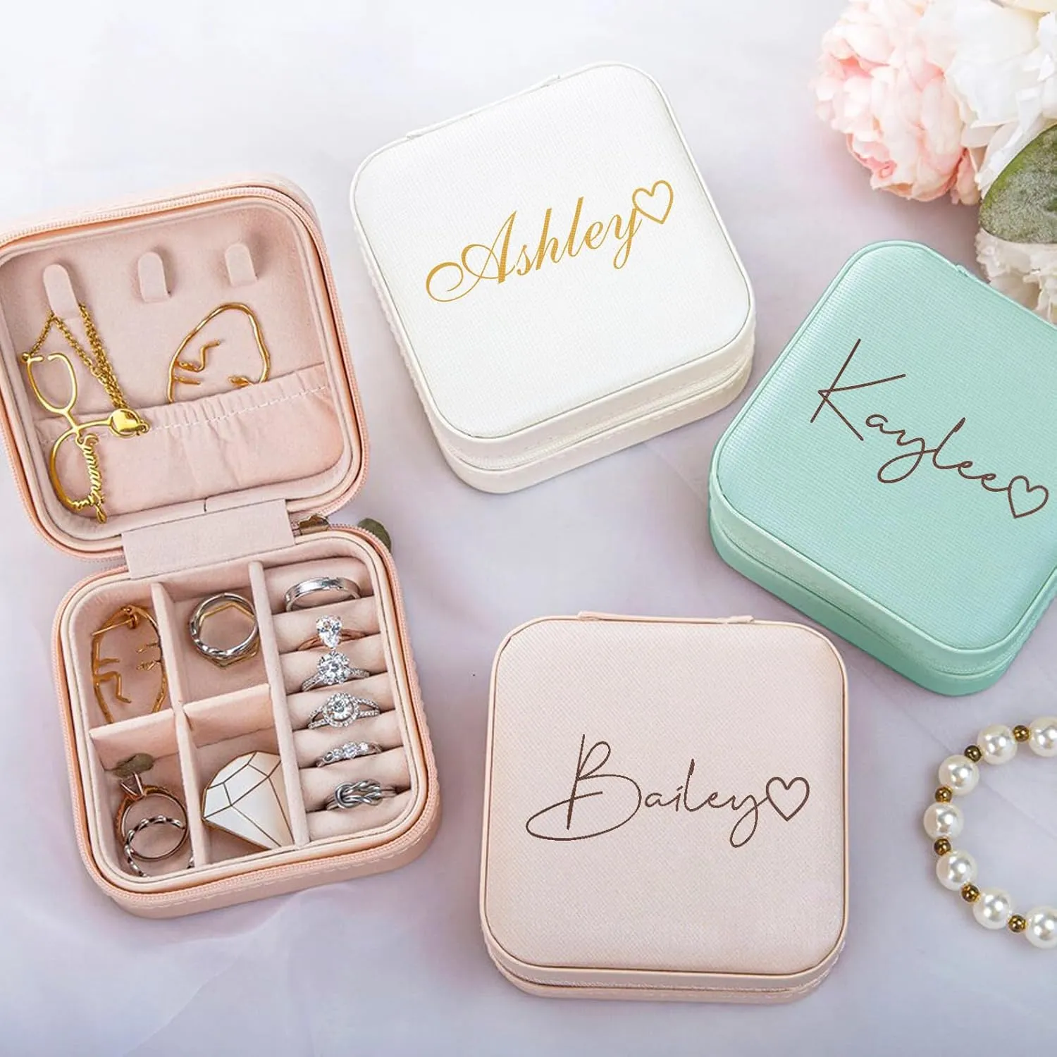 Yofair Personalized Jewelry Box with Heart Custom Leather Travel Jewelry Case Ring Box Bridesmaid Gifts Birthday Christmas Gifts for Women