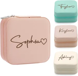 Yofair Personalized Jewelry Box with Heart Custom Leather Travel Jewelry Case Ring Box Bridesmaid Gifts Birthday Christmas Gifts for Women