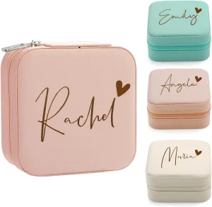 Yofair Personalized Jewelry Box with Heart Custom Leather Travel Jewelry Case Ring Box Bridesmaid Gifts Birthday Christmas Gifts for Women