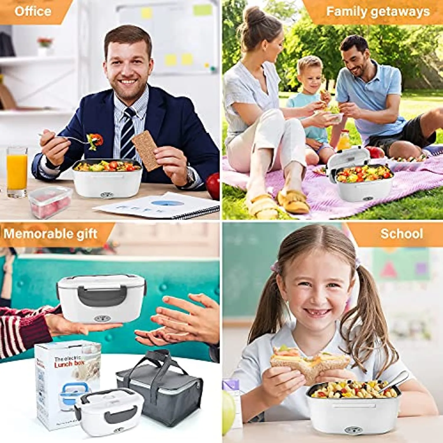 Yofundo Electric Hot Lunch Box for Car Truck And Home Lunchbox Portable Food Warmer Heater Bento Boxes 2-in-1 with 1.5L Removable 304 Stainless Steel Container 2 Compartments Fork & Spoon Insulated Bag Grey