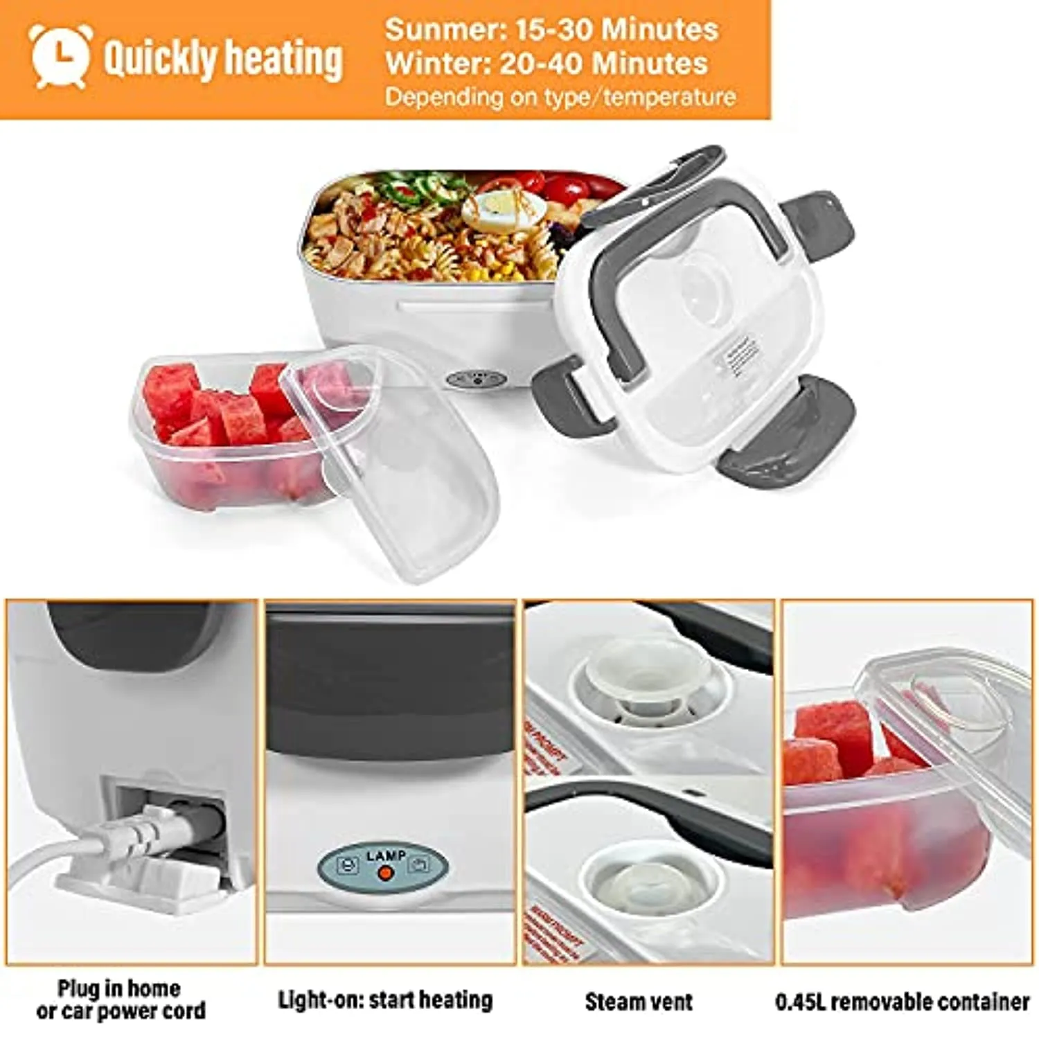 Yofundo Electric Hot Lunch Box for Car Truck And Home Lunchbox Portable Food Warmer Heater Bento Boxes 2-in-1 with 1.5L Removable 304 Stainless Steel Container 2 Compartments Fork & Spoon Insulated Bag Grey