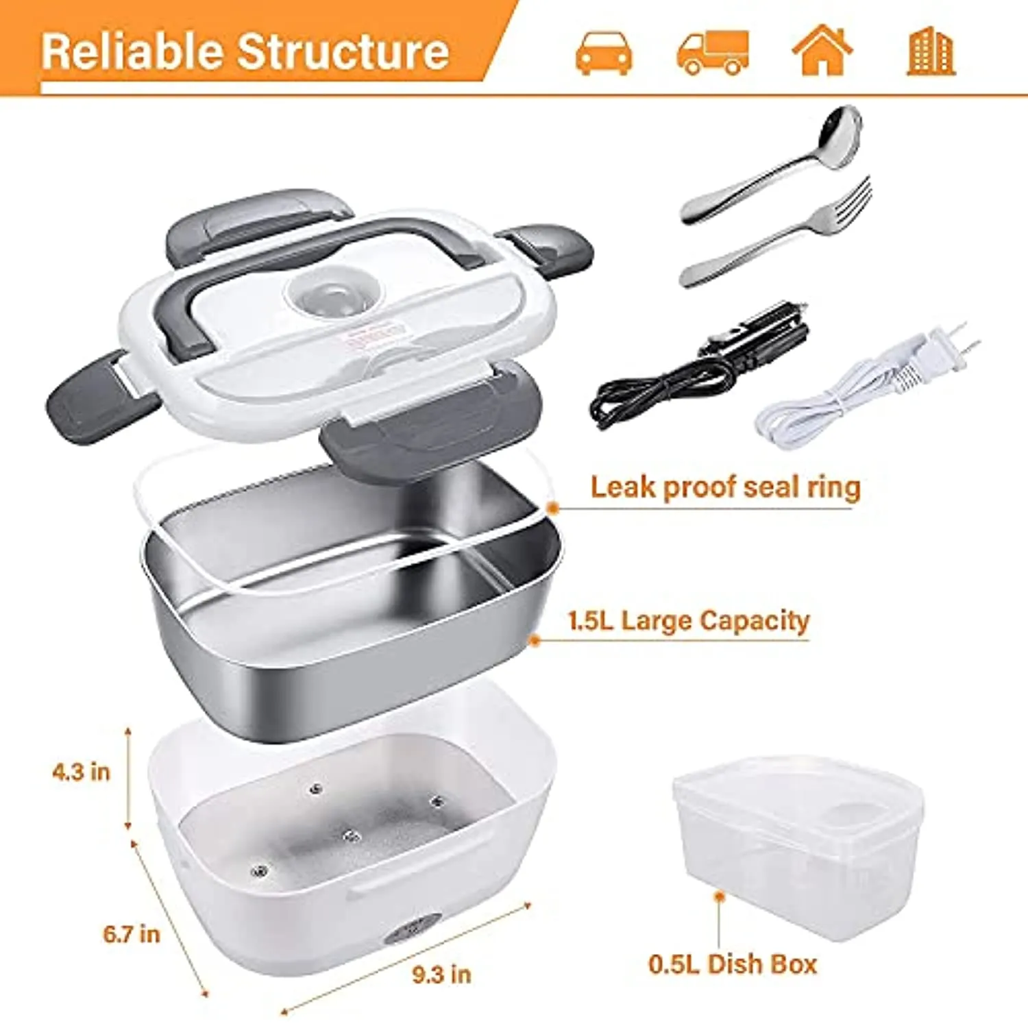 Yofundo Electric Hot Lunch Box for Car Truck And Home Lunchbox Portable Food Warmer Heater Bento Boxes 2-in-1 with 1.5L Removable 304 Stainless Steel Container 2 Compartments Fork & Spoon Insulated Bag Grey