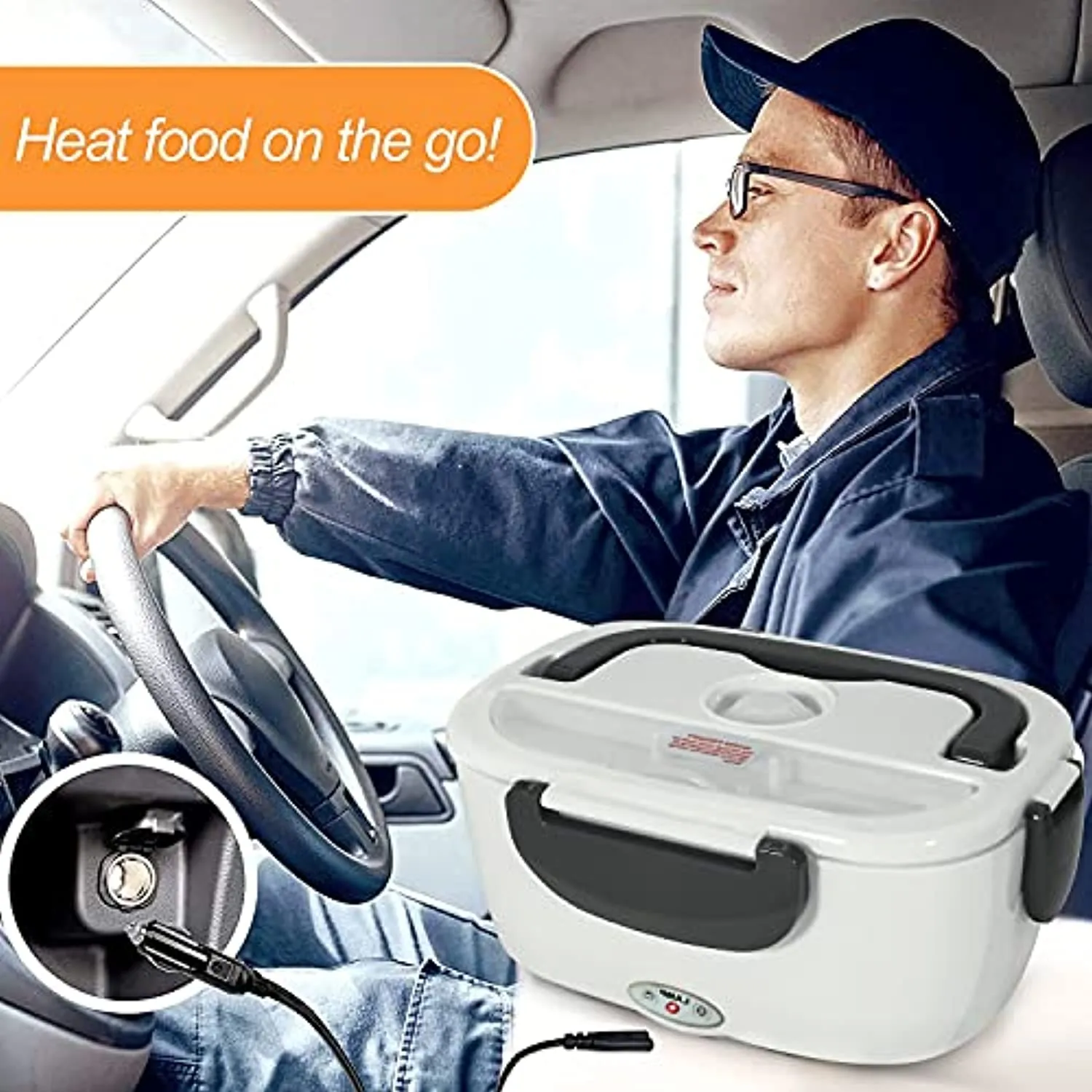 Yofundo Electric Hot Lunch Box for Car Truck And Home Lunchbox Portable Food Warmer Heater Bento Boxes 2-in-1 with 1.5L Removable 304 Stainless Steel Container 2 Compartments Fork & Spoon Insulated Bag Grey