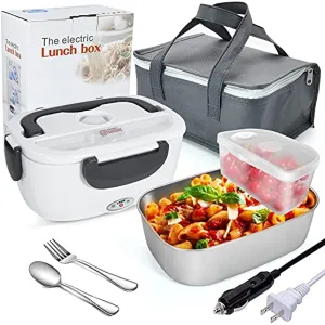 Yofundo Electric Hot Lunch Box for Car Truck And Home Lunchbox Portable Food Warmer Heater Bento Boxes 2-in-1 with 1.5L Removable 304 Stainless Steel Container 2 Compartments Fork & Spoon Insulated Bag Grey